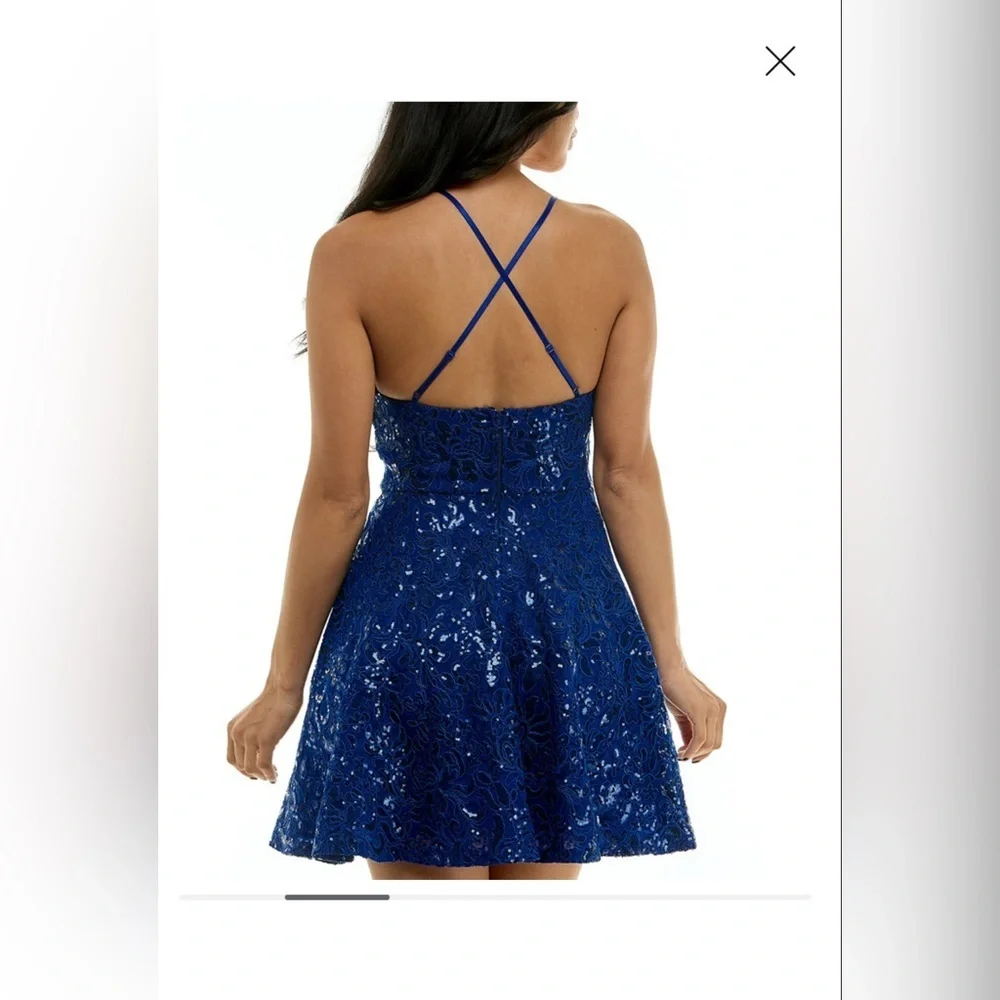 Embroidered Sequin Square Neck Spaghetti Strap Criss Cross Back Fit & Flare - Picture 3 of 10